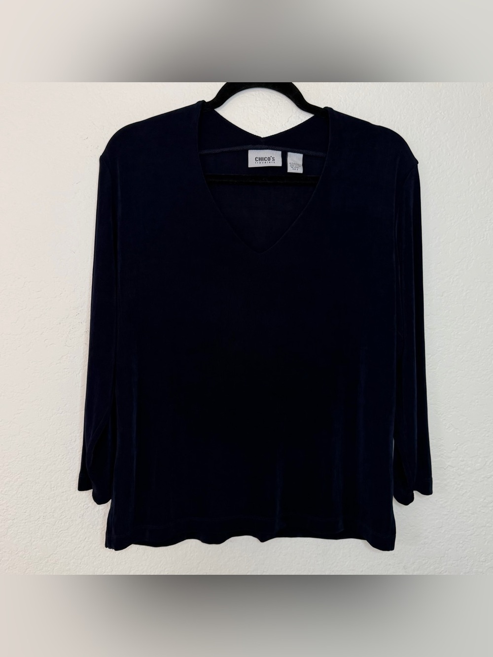 VTG Chico's Travelers Navy Blue 3/4 Sleeve Top Size Large 2 Slinky Stretch USA